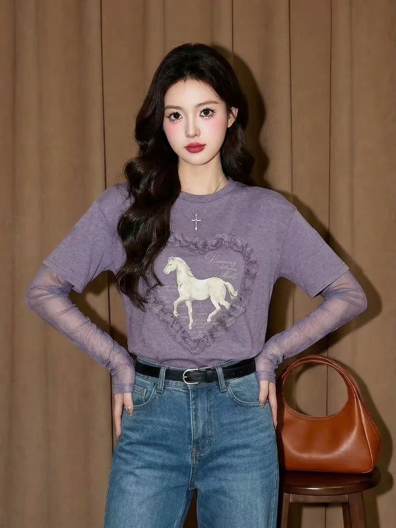 눈꽃 면 원본 것 주간 고양이 흔들어서 톤 품질 보라색 페이크 레이어드 작은 말 프린트 여성 셔츠 망사 긴팔 상세 이미지 2