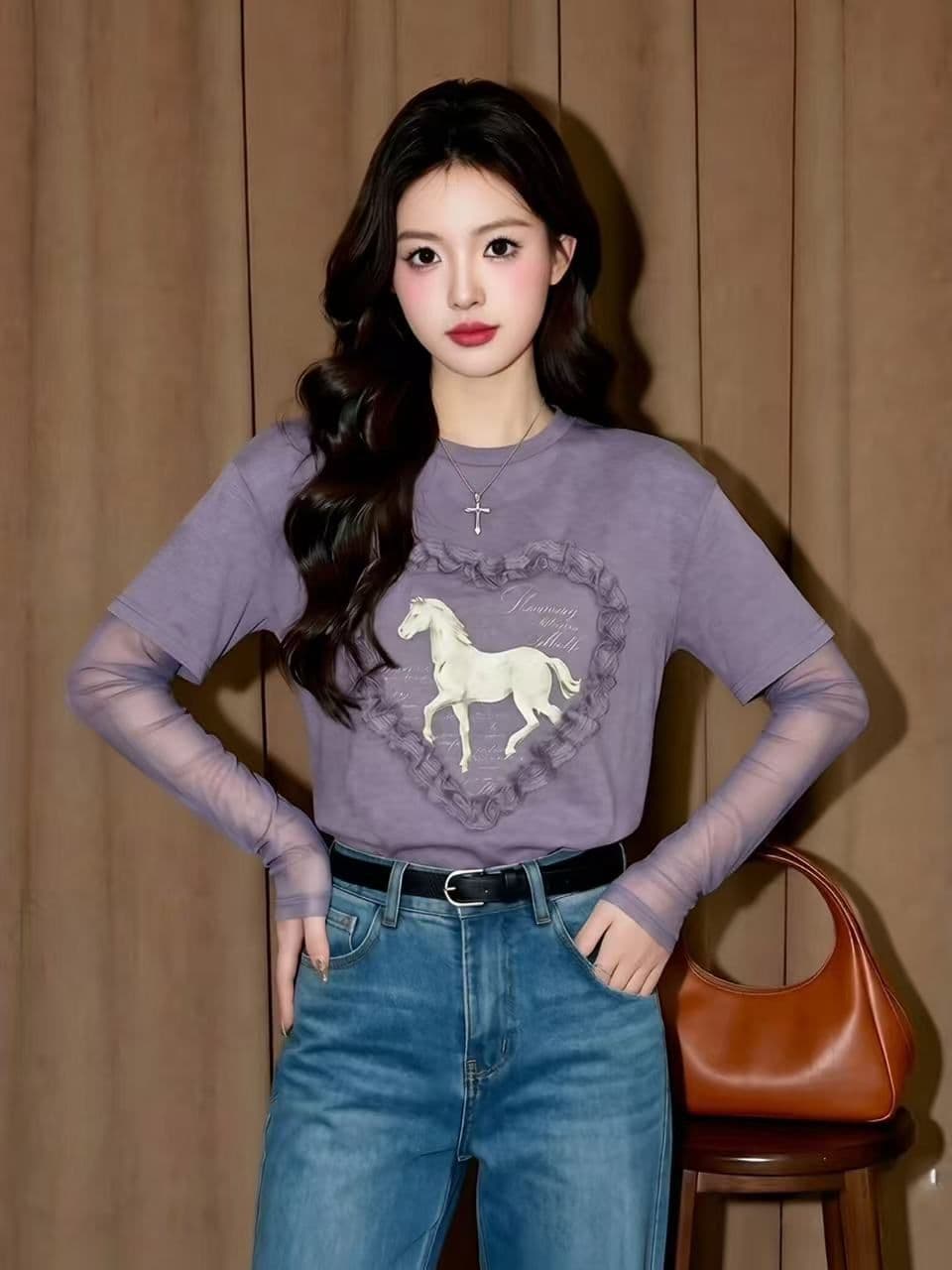 눈꽃 면 원본 것 주간 고양이 흔들어서 톤 품질 보라색 페이크 레이어드 작은 말 프린트 여성 셔츠 망사 긴팔 상세 이미지 4
