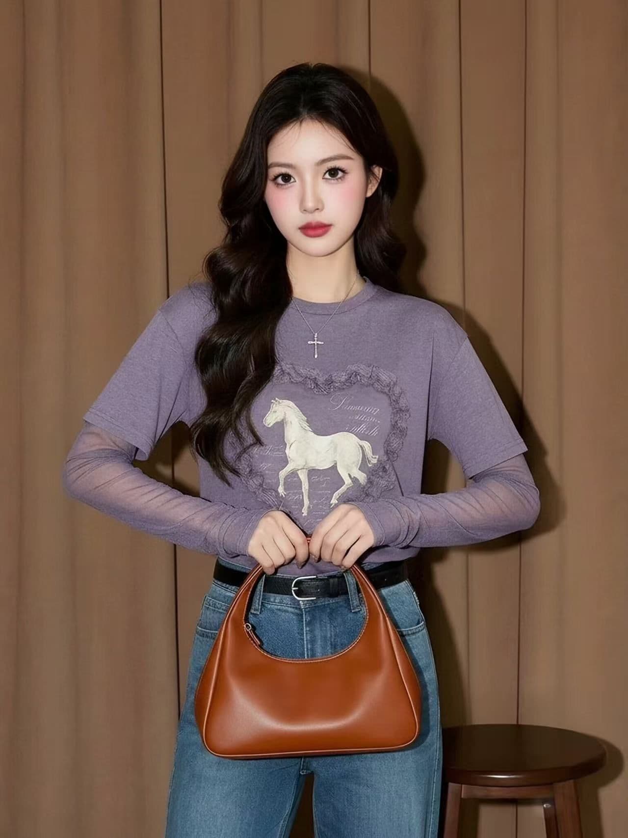 눈꽃 면 원본 것 주간 고양이 흔들어서 톤 품질 보라색 페이크 레이어드 작은 말 프린트 여성 셔츠 망사 긴팔 상세 이미지 5