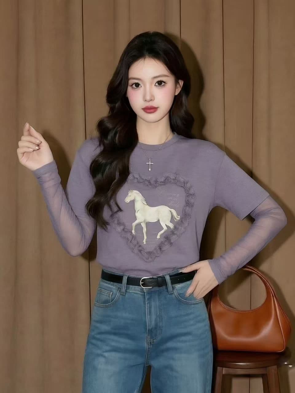눈꽃 면 원본 것 주간 고양이 흔들어서 톤 품질 보라색 페이크 레이어드 작은 말 프린트 여성 셔츠 망사 긴팔 상세 이미지 6
