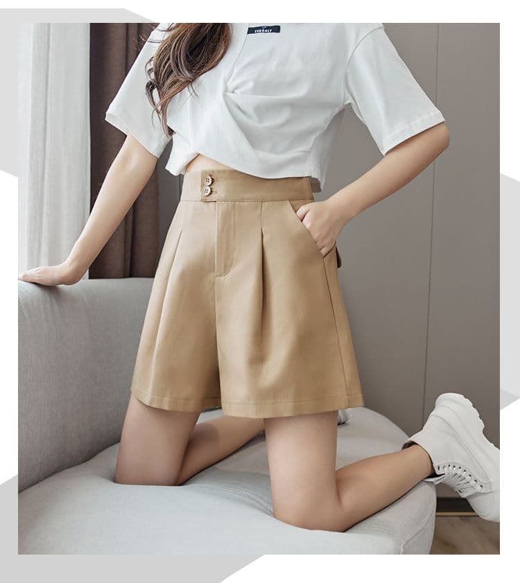 순면 하이웨이스트 캐주얼 반바지 여성 여름 한국 스타일 루즈핏 슬림해 보이는 단색 다용도 한 마디 와이드 레그 팬츠 상세 이미지 3