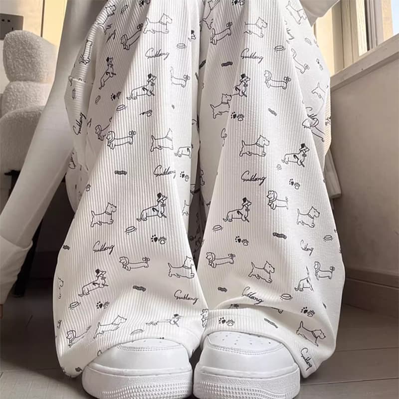 강아지 꽃무늬 와이드 레깅스 바지 여름 얇은 스타일 도루 센스 느긋한 캐주얼 차가운 떨리는 소리 굴곡 바지