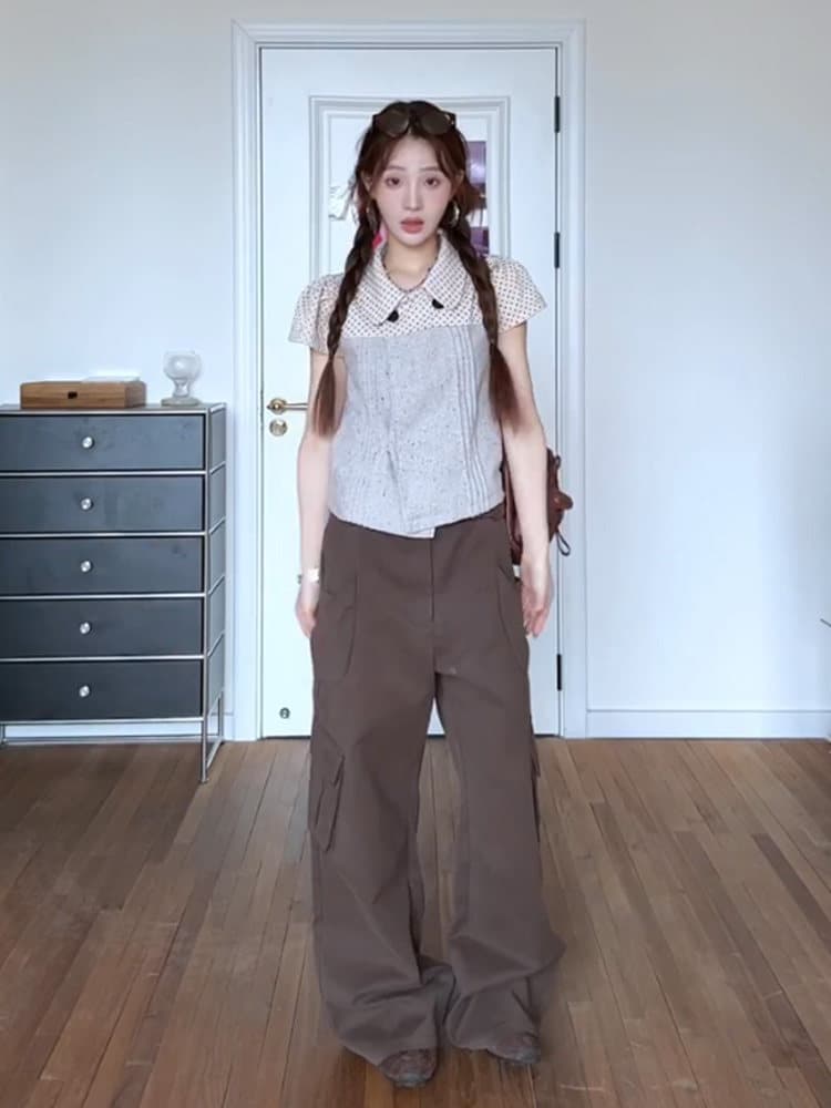 한 부서 소녀 센스 도트 무늬 베이비 칼라 여성 셔츠 플리츠 패치워크 색상 달콤함 쇼트 스타일 맨위 셔츠 상세 이미지 5