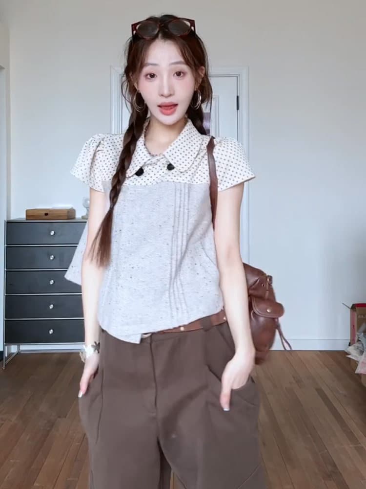 한 부서 소녀 센스 도트 무늬 베이비 칼라 여성 셔츠 플리츠 패치워크 색상 달콤함 쇼트 스타일 맨위 셔츠 상세 이미지 6