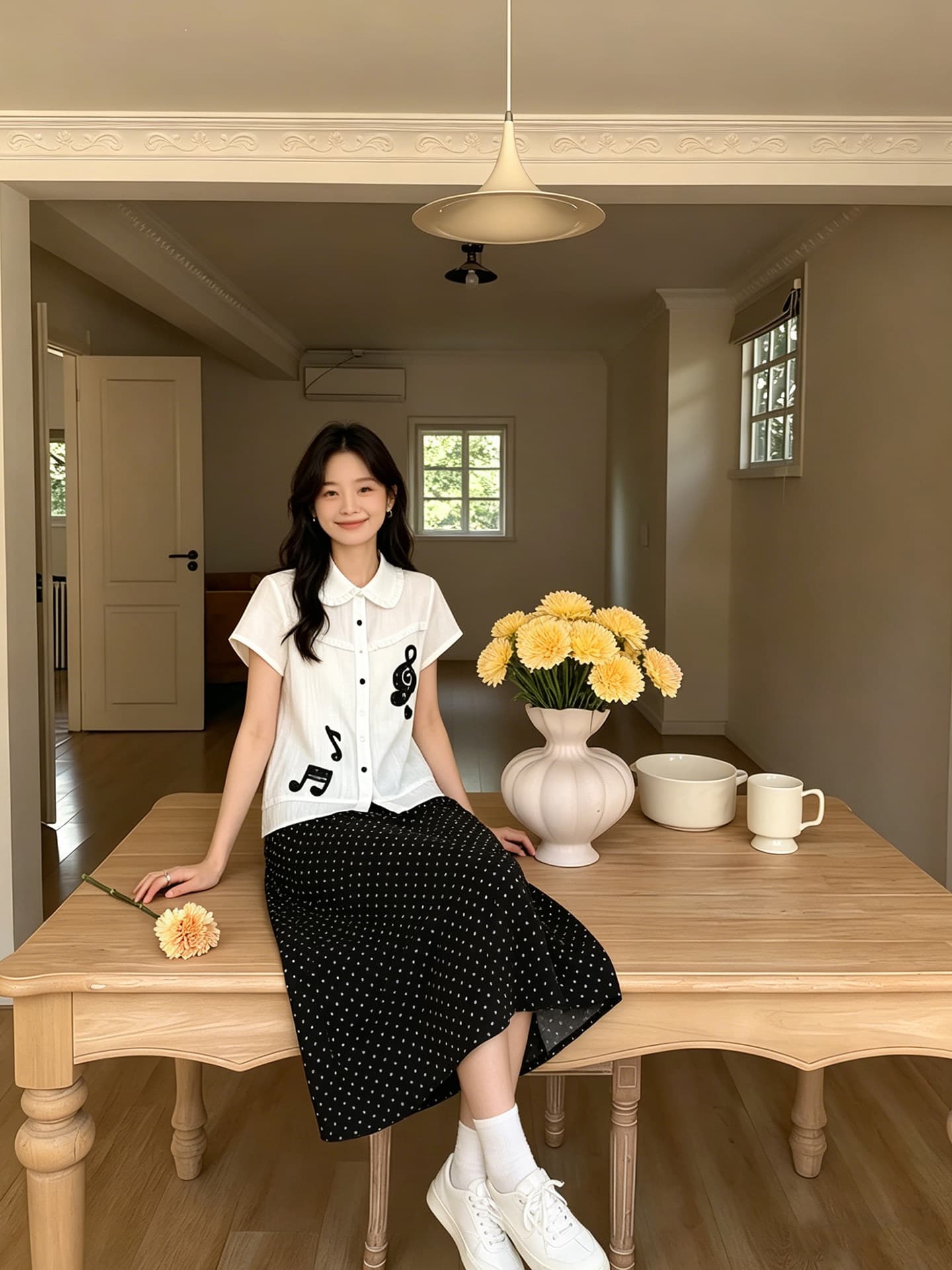 학원 스타일 베이비 칼라 반팔 셔츠 맨위 화이트 참고 자수 슬림해 보이는 프릴 셔츠 이미지 2
