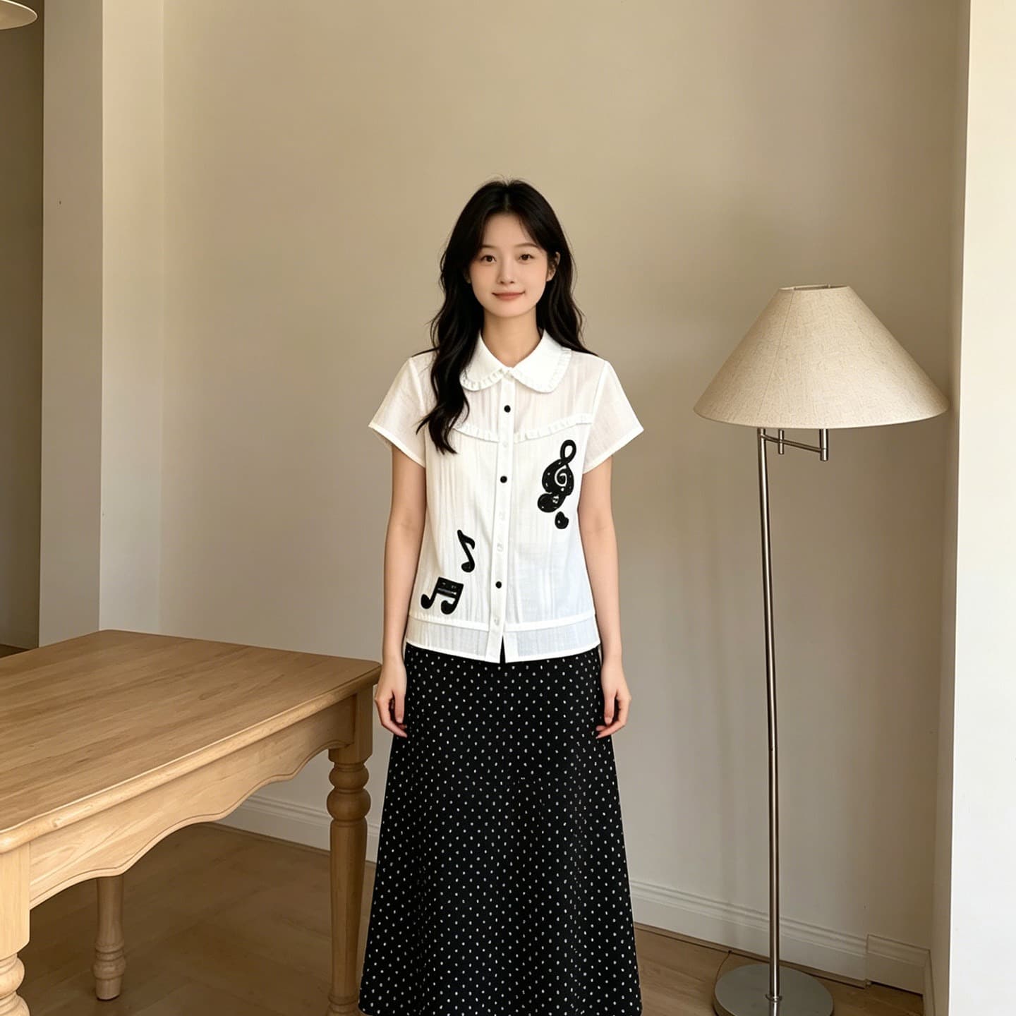 학원 스타일 베이비 칼라 반팔 셔츠 맨위 화이트 참고 자수 슬림해 보이는 프릴 셔츠