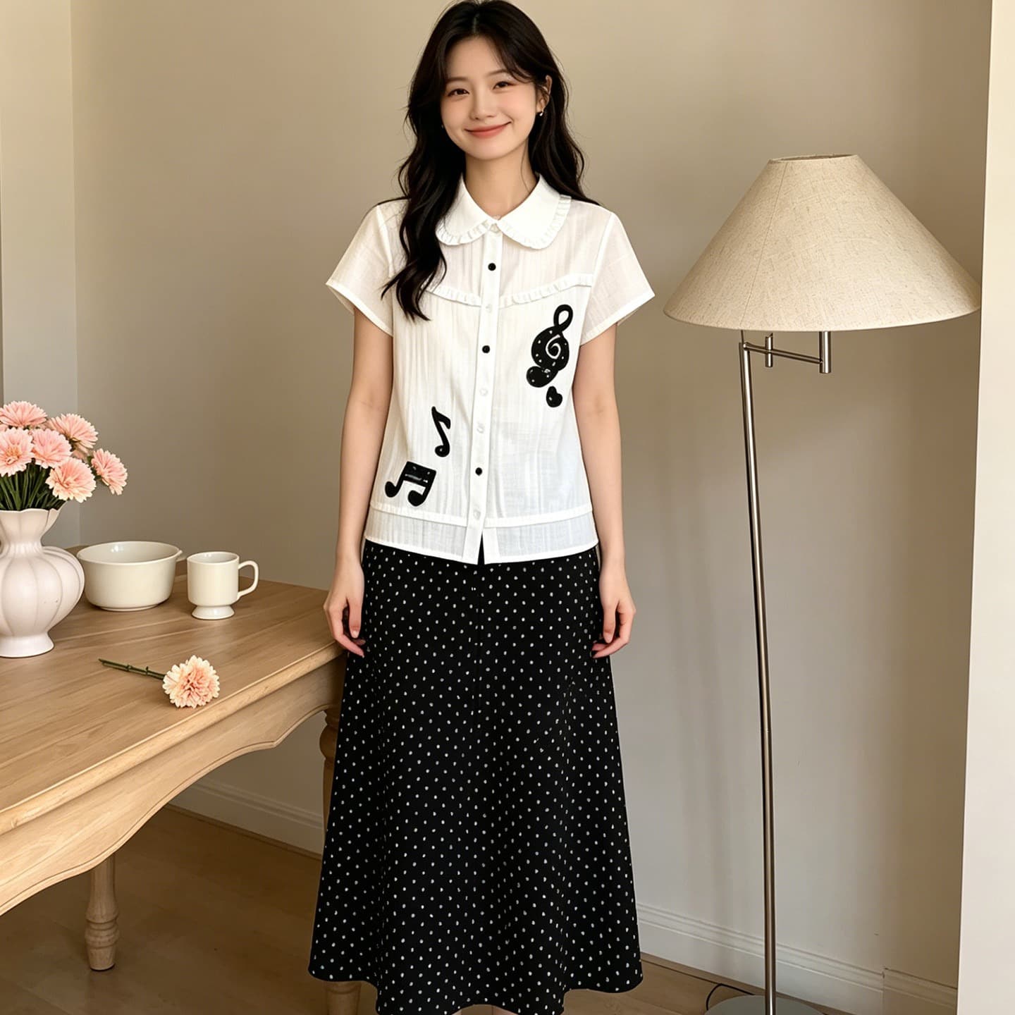 학원 스타일 베이비 칼라 반팔 셔츠 맨위 화이트 참고 자수 슬림해 보이는 프릴 셔츠 이미지 5