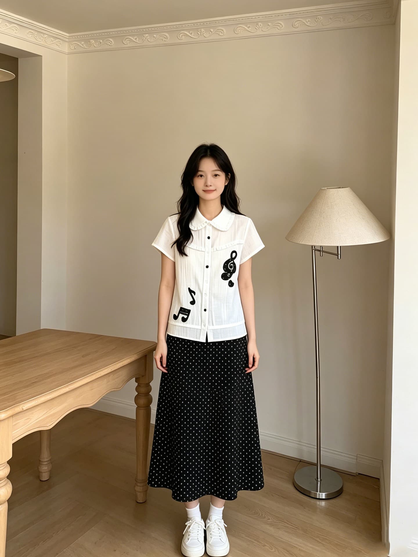학원 스타일 베이비 칼라 반팔 셔츠 맨위 화이트 참고 자수 슬림해 보이는 프릴 셔츠 상세 이미지 4