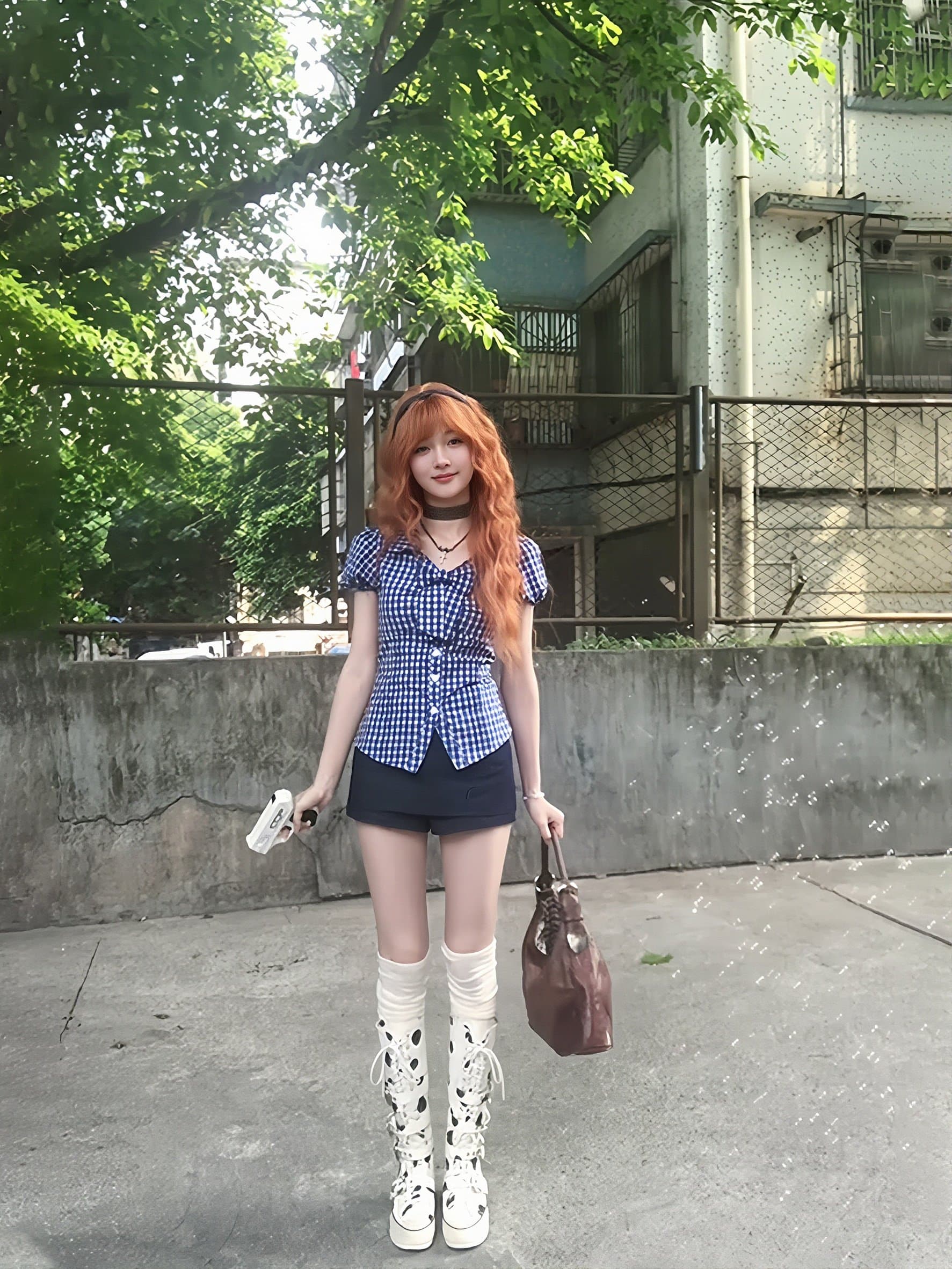 체크무늬 거품 소매 나비 매듭 긍정적 인 어깨 몸매 가꾸기 셔츠 꼬집기 허리 자르기 디자인 센스 핫걸 맨위 상세 이미지 3