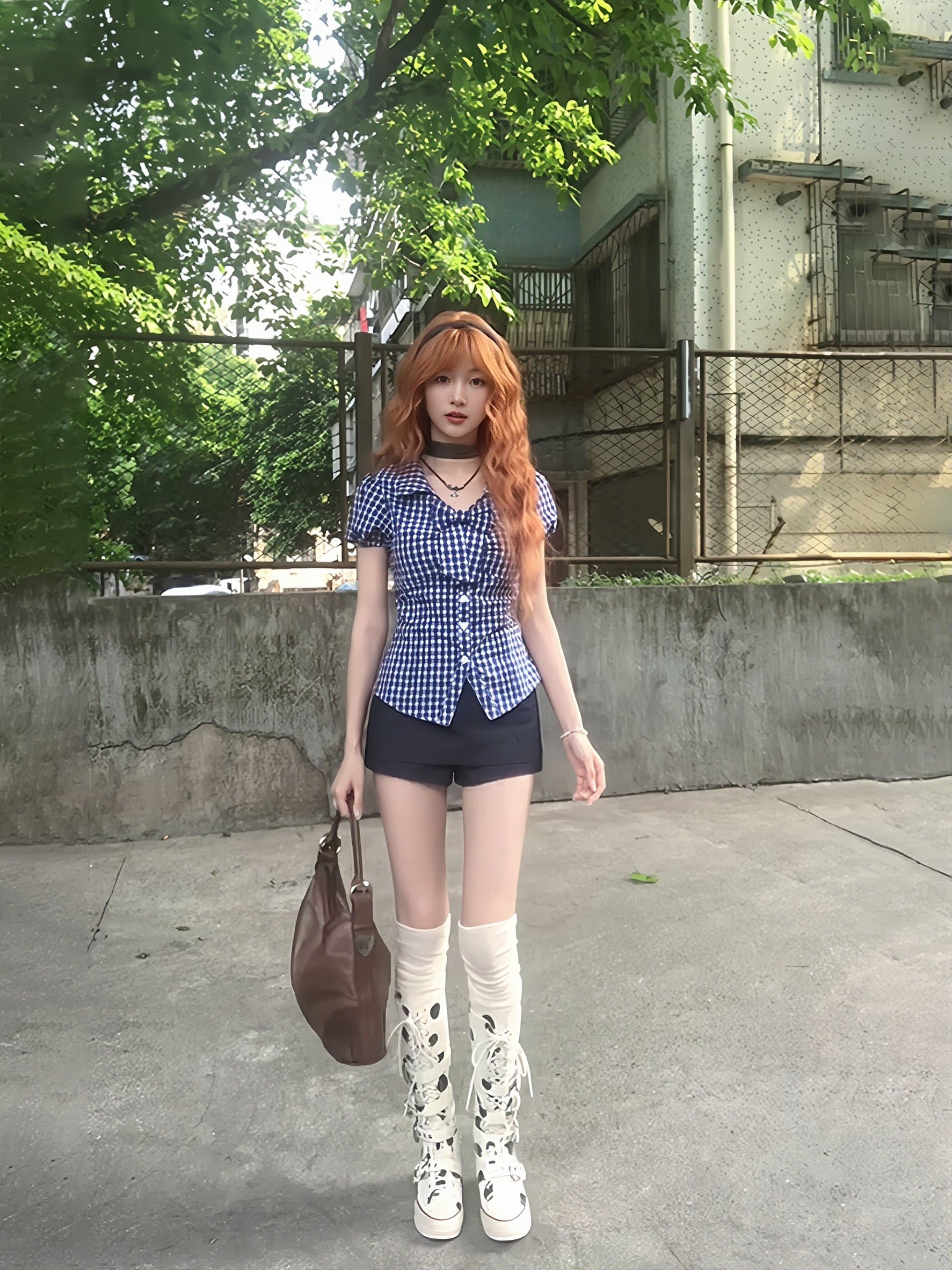 체크무늬 거품 소매 나비 매듭 긍정적 인 어깨 몸매 가꾸기 셔츠 꼬집기 허리 자르기 디자인 센스 핫걸 맨위 상세 이미지 4