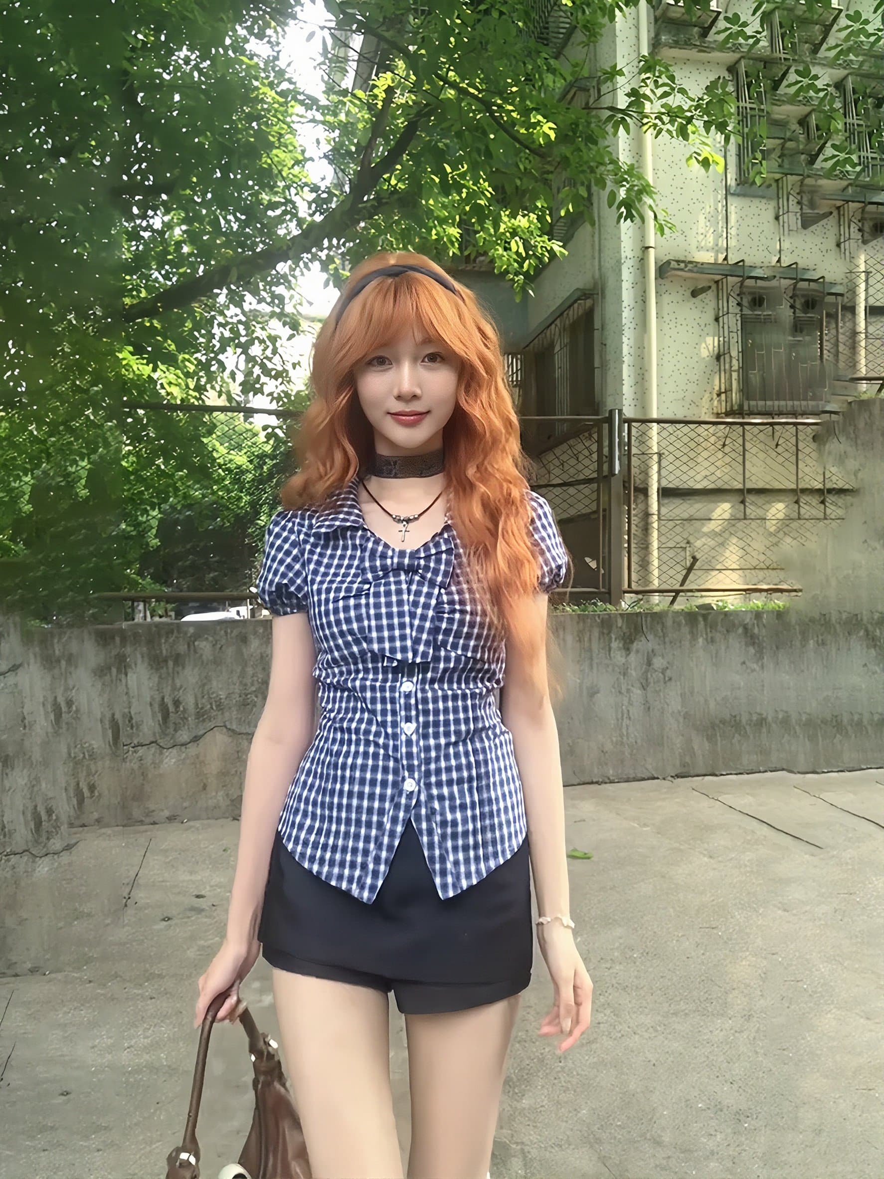 체크무늬 거품 소매 나비 매듭 긍정적 인 어깨 몸매 가꾸기 셔츠 꼬집기 허리 자르기 디자인 센스 핫걸 맨위 상세 이미지 5