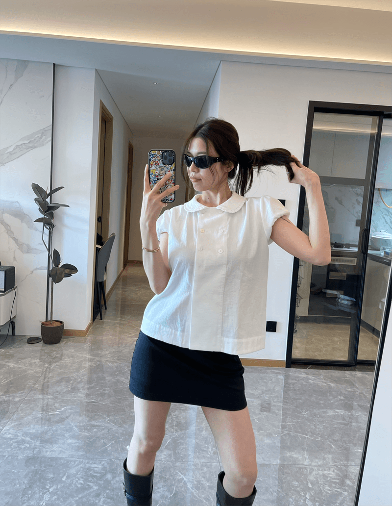 봄 여름 조개 단추 이중 버튼 주름 칼라 세부 사항 인형 셔츠 맨위 루즈핏
