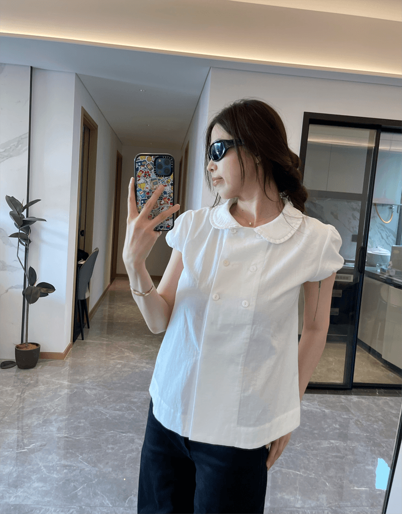 봄 여름 조개 단추 이중 버튼 주름 칼라 세부 사항 인형 셔츠 맨위 루즈핏 이미지 3