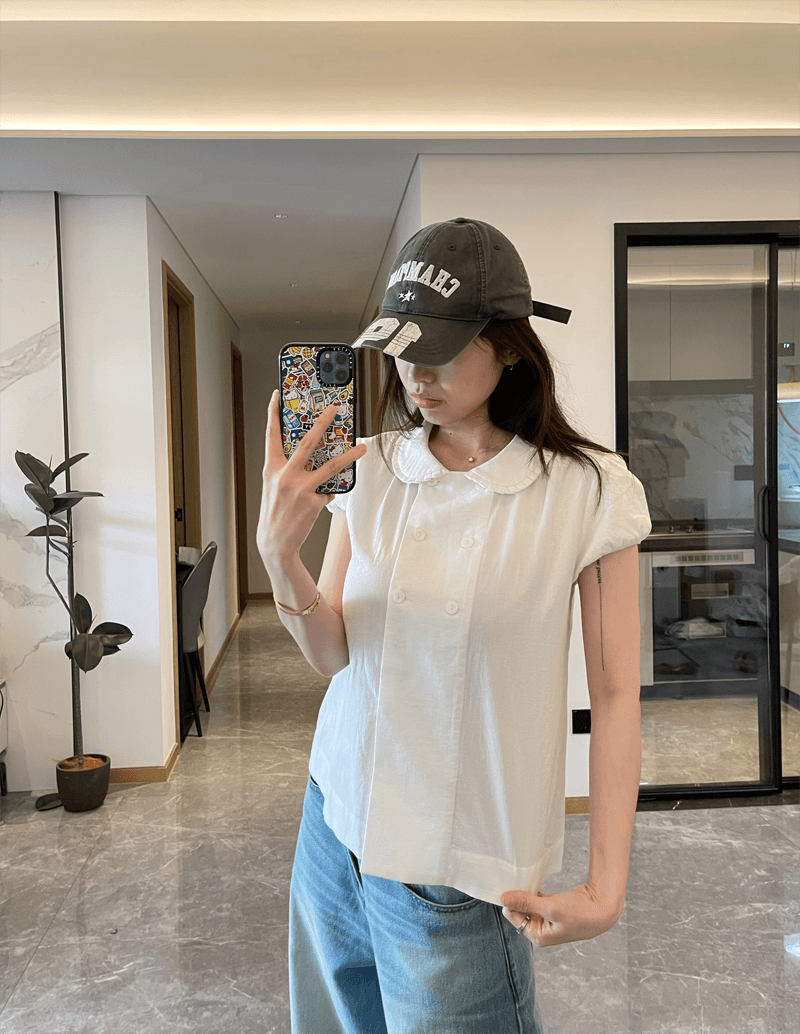 봄 여름 조개 단추 이중 버튼 주름 칼라 세부 사항 인형 셔츠 맨위 루즈핏 상세 이미지 8