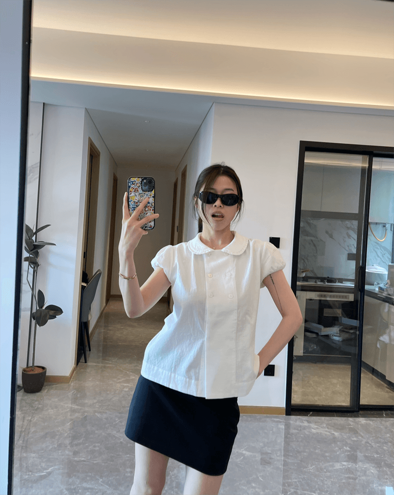 봄 여름 조개 단추 이중 버튼 주름 칼라 세부 사항 인형 셔츠 맨위 루즈핏 상세 이미지 40