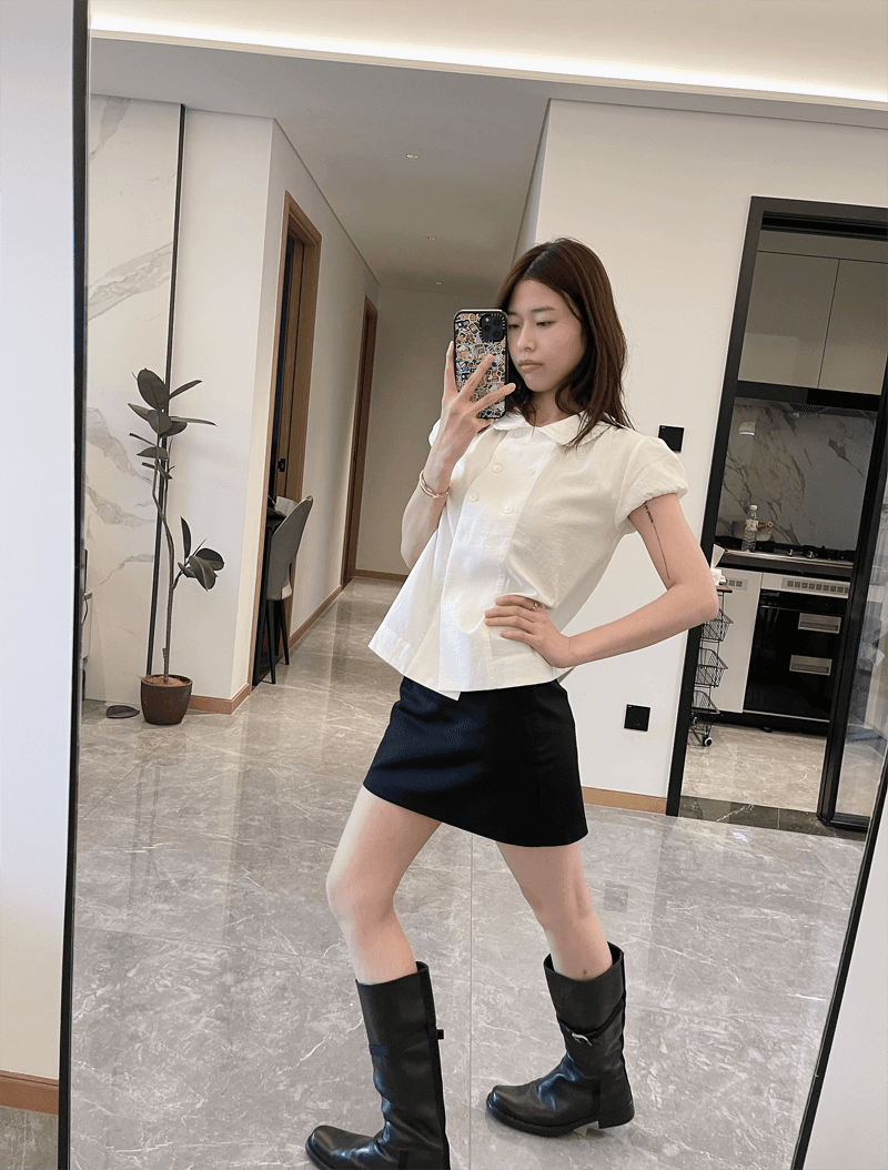 봄 여름 조개 단추 이중 버튼 주름 칼라 세부 사항 인형 셔츠 맨위 루즈핏 상세 이미지 43