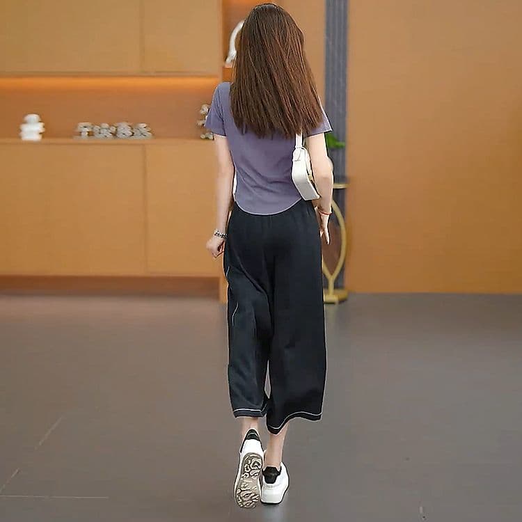 얼음 실크 속도 건조한 7 점 바지 여성 캐주얼 여름 얇은 스타일 허리밴드 슬림해 보이는 검정색 빅 사이즈 와이드 레그 팬츠 상세 이미지 13