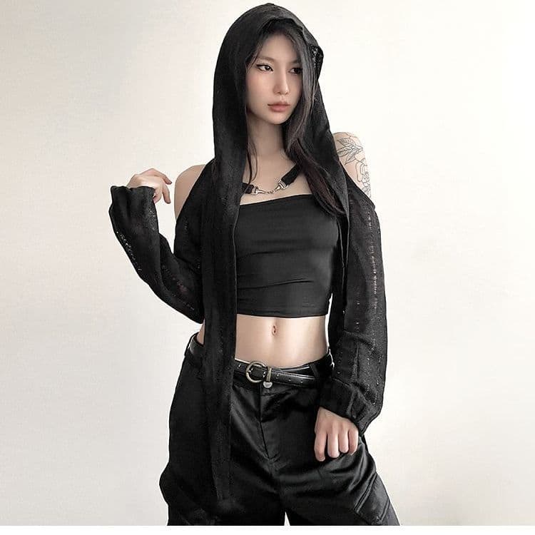 원본 높은 품질 원단 작은 대중 수공 찢어진 오프숄더 후드 블라우스 여성 슬림해 보이는 단색 다용도 쇼트 스타일 재킷 이미지 4