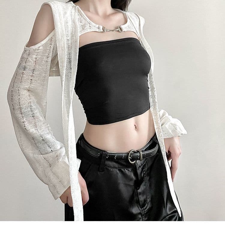 원본 높은 품질 원단 작은 대중 수공 찢어진 오프숄더 후드 블라우스 여성 슬림해 보이는 단색 다용도 쇼트 스타일 재킷 이미지 2