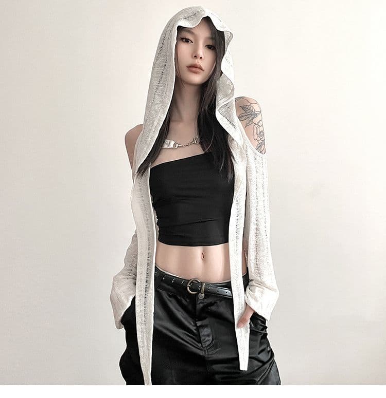 원본 높은 품질 원단 작은 대중 수공 찢어진 오프숄더 후드 블라우스 여성 슬림해 보이는 단색 다용도 쇼트 스타일 재킷 상세 이미지 2