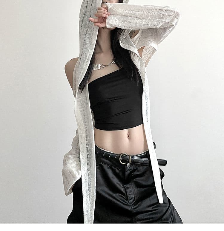 원본 높은 품질 원단 작은 대중 수공 찢어진 오프숄더 후드 블라우스 여성 슬림해 보이는 단색 다용도 쇼트 스타일 재킷 상세 이미지 3