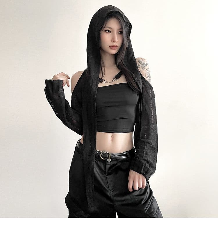 원본 높은 품질 원단 작은 대중 수공 찢어진 오프숄더 후드 블라우스 여성 슬림해 보이는 단색 다용도 쇼트 스타일 재킷 상세 이미지 5