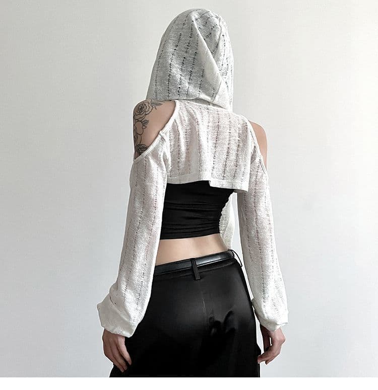 원본 높은 품질 원단 작은 대중 수공 찢어진 오프숄더 후드 블라우스 여성 슬림해 보이는 단색 다용도 쇼트 스타일 재킷 상세 이미지 10