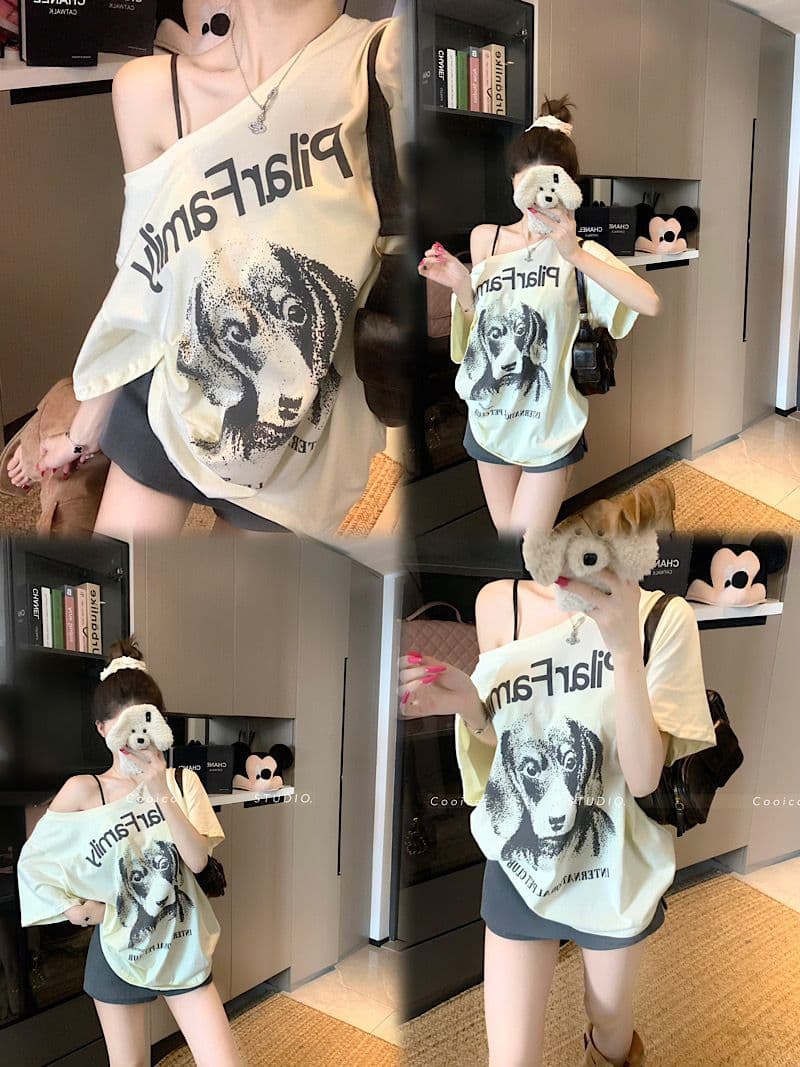 92 면 8 암모니아 Lun 아메리칸 강아지 프린트 오프숄더 반팔 티셔츠 여성 의류 여름 품격 비스듬한 어깨 루즈핏 맨위 상세 이미지 3
