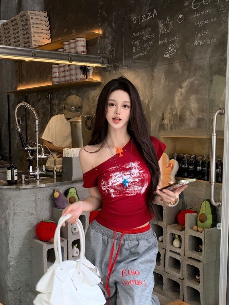 40 순면 92 면 8 암모니아 Lun 아메리칸 핫걸 프린트 비스듬한 어깨 반팔 티셔츠 여성 여름 주름 쇼트 스타일 맨위 상세 이미지 11