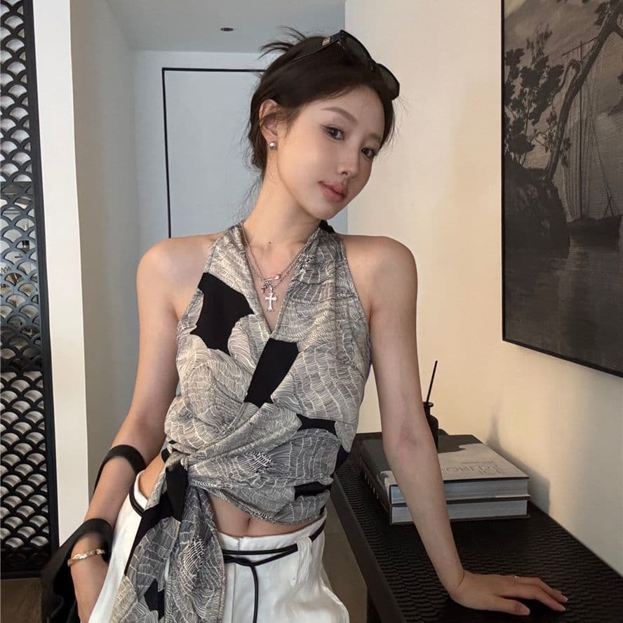 원본 원단 디자인 센스 레트로 프린트 십자가 V넥 행침 목 캐미솔 여름 스트랩 외출용 맨위 이미지 2