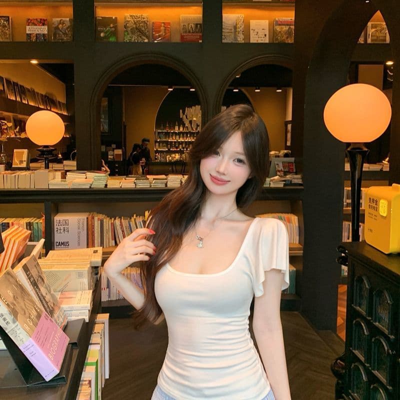 260 그램 사람들 면 순수한 욕망 화이트 u 칼라 반팔 티셔츠 여성 여름 2025 새로운 허리 수축 단색 핫걸 맨위 이미지 4