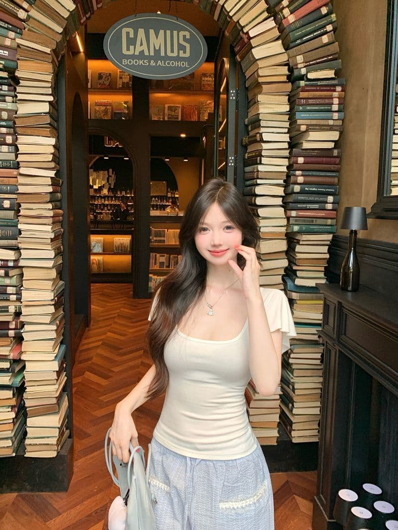 260 그램 사람들 면 순수한 욕망 화이트 u 칼라 반팔 티셔츠 여성 여름 2025 새로운 허리 수축 단색 핫걸 맨위 상세 이미지 4