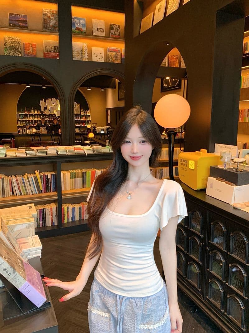 260 그램 사람들 면 순수한 욕망 화이트 u 칼라 반팔 티셔츠 여성 여름 2025 새로운 허리 수축 단색 핫걸 맨위 상세 이미지 6