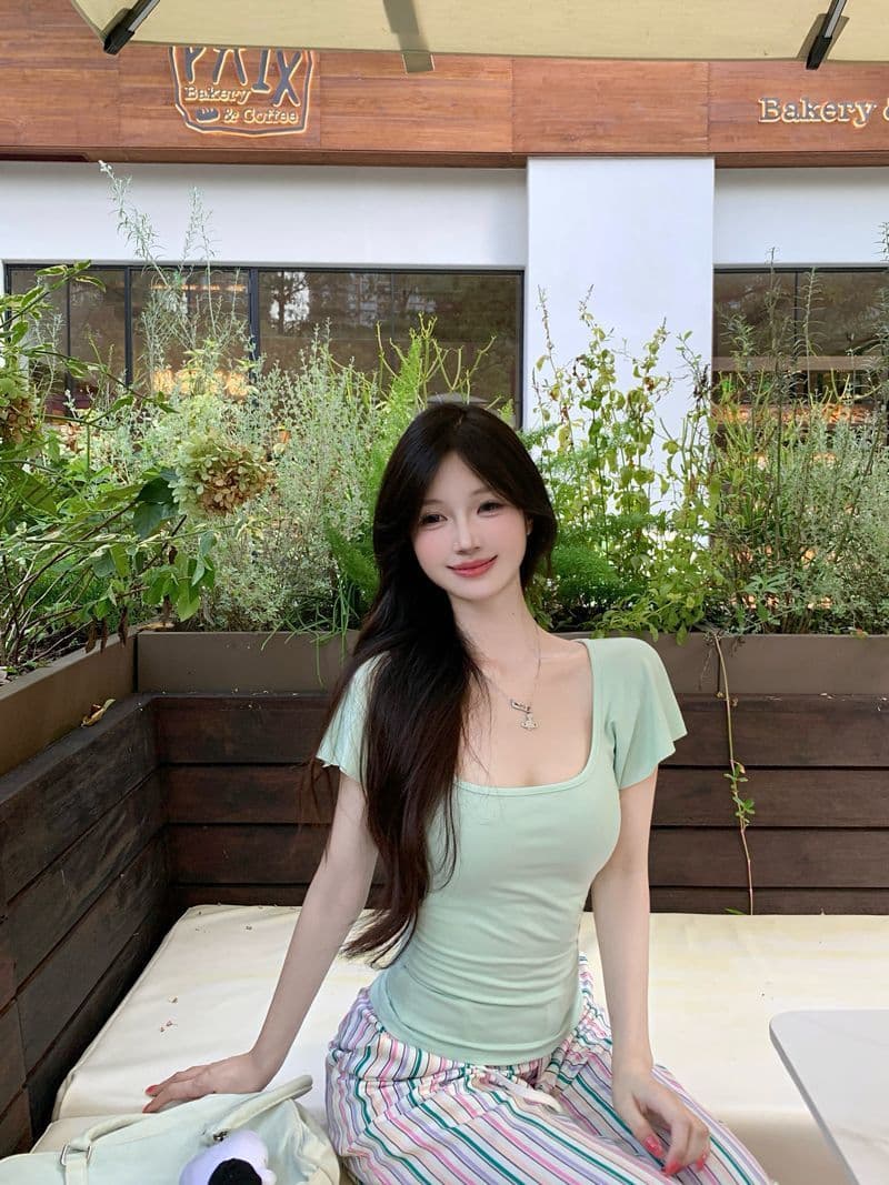 260 그램 사람들 면 순수한 욕망 화이트 u 칼라 반팔 티셔츠 여성 여름 2025 새로운 허리 수축 단색 핫걸 맨위 상세 이미지 16