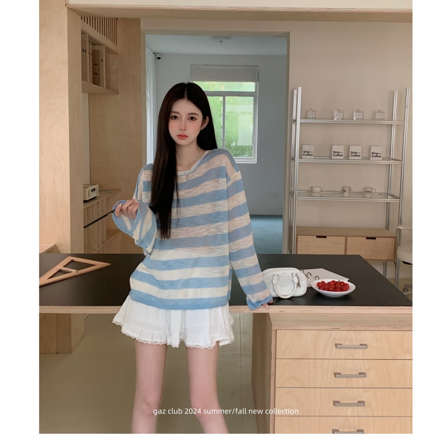 2025 새로운 느긋한 백리스 배색 스트라이프 자외선 차단 얼음 실크 니트 스웨터 루즈핏 라운드 넥 긴팔 이미지 2