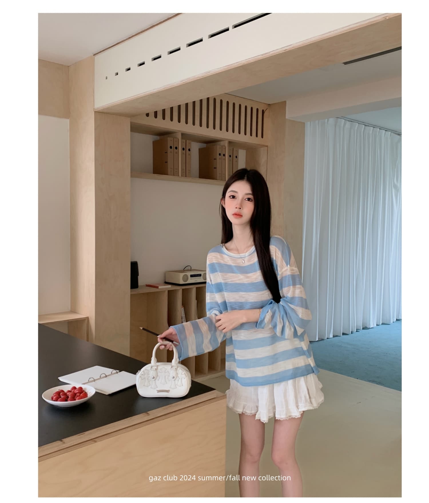 2025 새로운 느긋한 백리스 배색 스트라이프 자외선 차단 얼음 실크 니트 스웨터 루즈핏 라운드 넥 긴팔 상세 이미지 5