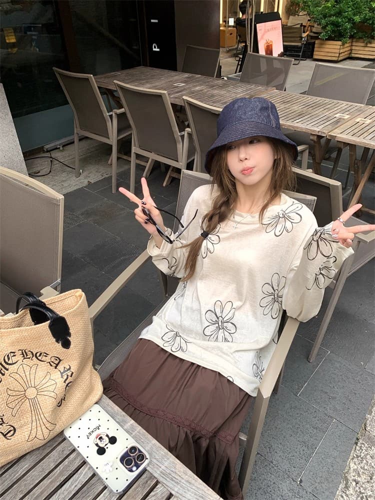 눈꽃 면 느긋한 바람 디자인 센스 꽃 루즈핏 자외선 차단 이른 가을 긴팔 티셔츠 프린트 여성 셔츠 블라우스 상세 이미지 3