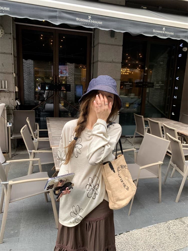 눈꽃 면 느긋한 바람 디자인 센스 꽃 루즈핏 자외선 차단 이른 가을 긴팔 티셔츠 프린트 여성 셔츠 블라우스 상세 이미지 9