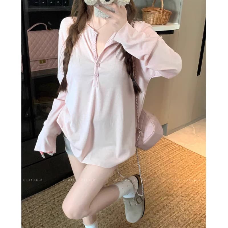 회색 느긋한 바람 긴팔 루즈핏 티셔츠 여성 가을 캐주얼 얇은 스타일 자외선 차단 블라우스 단색 슬림해 보이는 다용도 맨위