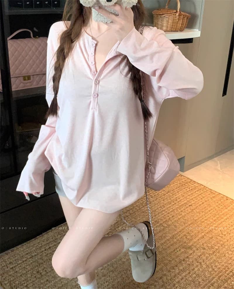회색 느긋한 바람 긴팔 루즈핏 티셔츠 여성 가을 캐주얼 얇은 스타일 자외선 차단 블라우스 단색 슬림해 보이는 다용도 맨위 상세 이미지 2