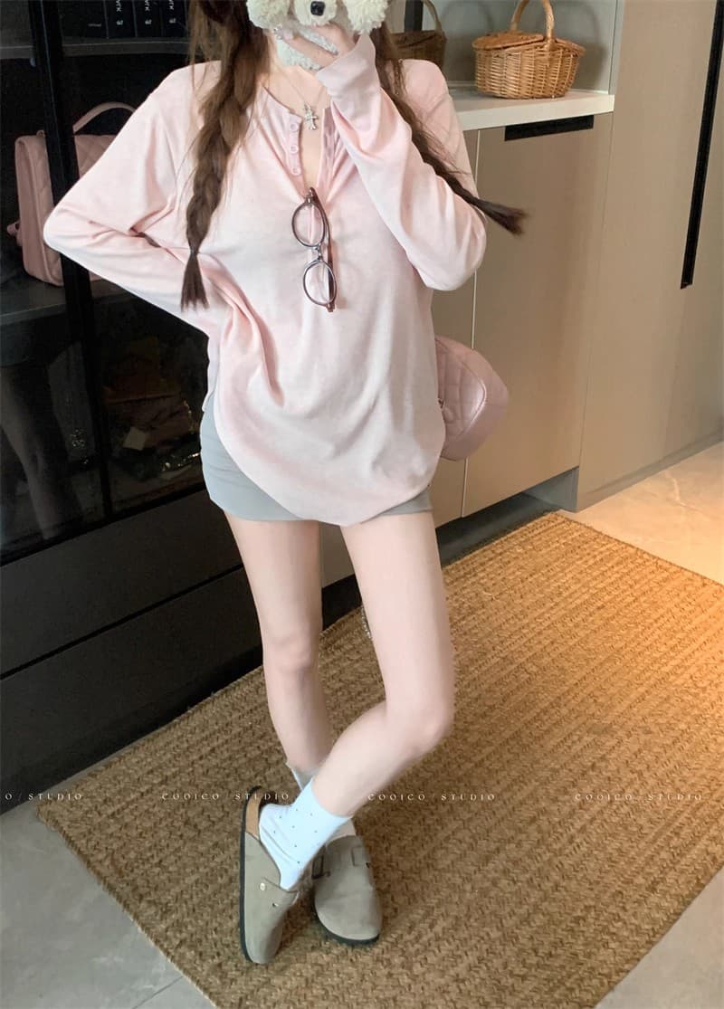 회색 느긋한 바람 긴팔 루즈핏 티셔츠 여성 가을 캐주얼 얇은 스타일 자외선 차단 블라우스 단색 슬림해 보이는 다용도 맨위 상세 이미지 5