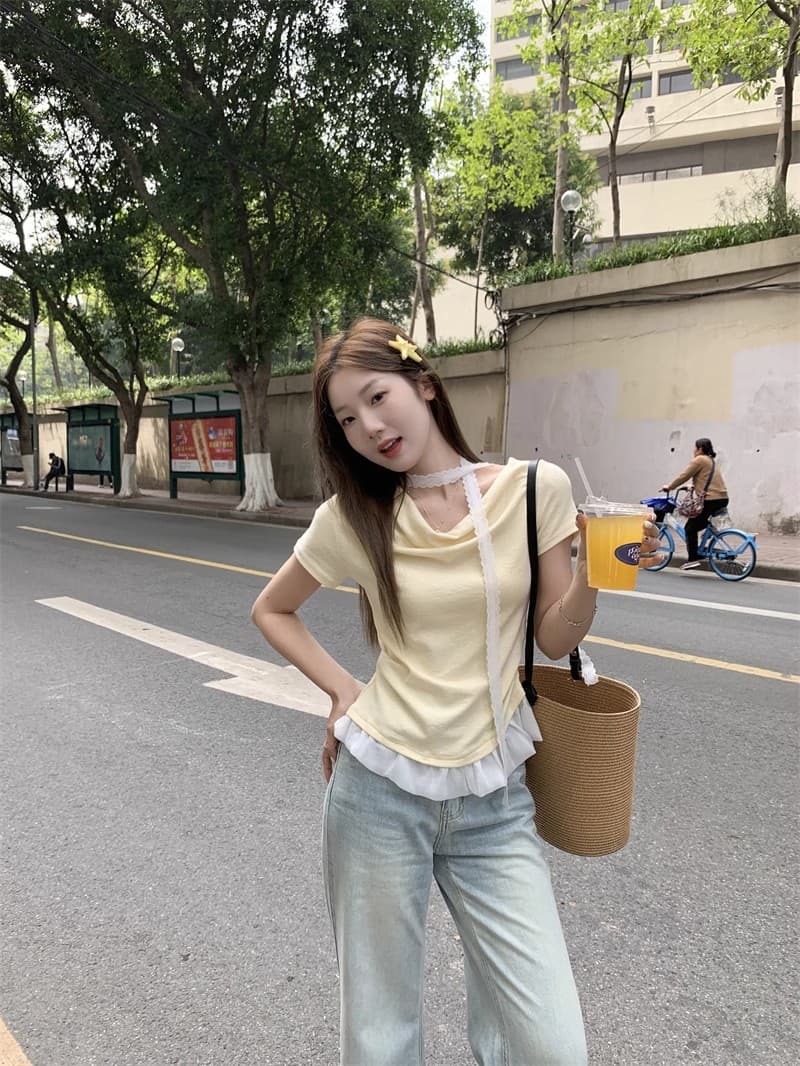 260 그램 사람들 면 부드러운 달콤한 자매 바람 레이스 조각 반팔 티셔츠 여성 여름 몸매 가꾸기 슬림해 보이는 황색 맨위 이미지 3