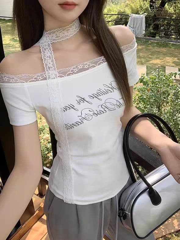 260 그램 사람들 면 달콤한 매운맛 바람 패치워크 레이스 측면 오프숄더 티셔츠 여성 여름 알파벳 프린트 반팔 다용도 맨위