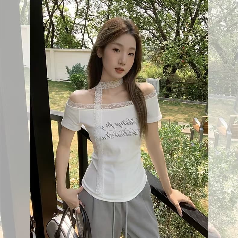 260 그램 사람들 면 달콤한 매운맛 바람 패치워크 레이스 측면 오프숄더 티셔츠 여성 여름 알파벳 프린트 반팔 다용도 맨위 이미지 4