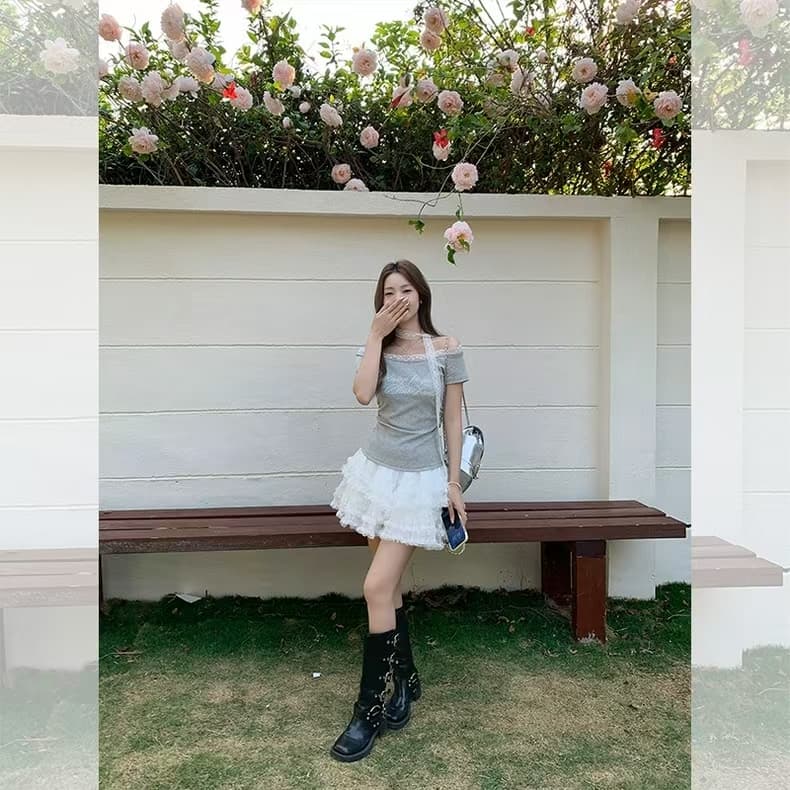 260 그램 사람들 면 달콤한 매운맛 바람 패치워크 레이스 측면 오프숄더 티셔츠 여성 여름 알파벳 프린트 반팔 다용도 맨위 상세 이미지 5