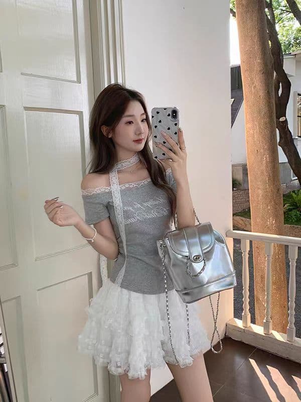 260 그램 사람들 면 달콤한 매운맛 바람 패치워크 레이스 측면 오프숄더 티셔츠 여성 여름 알파벳 프린트 반팔 다용도 맨위 상세 이미지 7