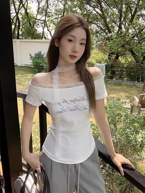 260 그램 사람들 면 달콤한 매운맛 바람 패치워크 레이스 측면 오프숄더 티셔츠 여성 여름 알파벳 프린트 반팔 다용도 맨위 상세 이미지 8