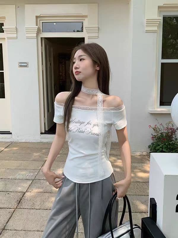 260 그램 사람들 면 달콤한 매운맛 바람 패치워크 레이스 측면 오프숄더 티셔츠 여성 여름 알파벳 프린트 반팔 다용도 맨위 상세 이미지 10