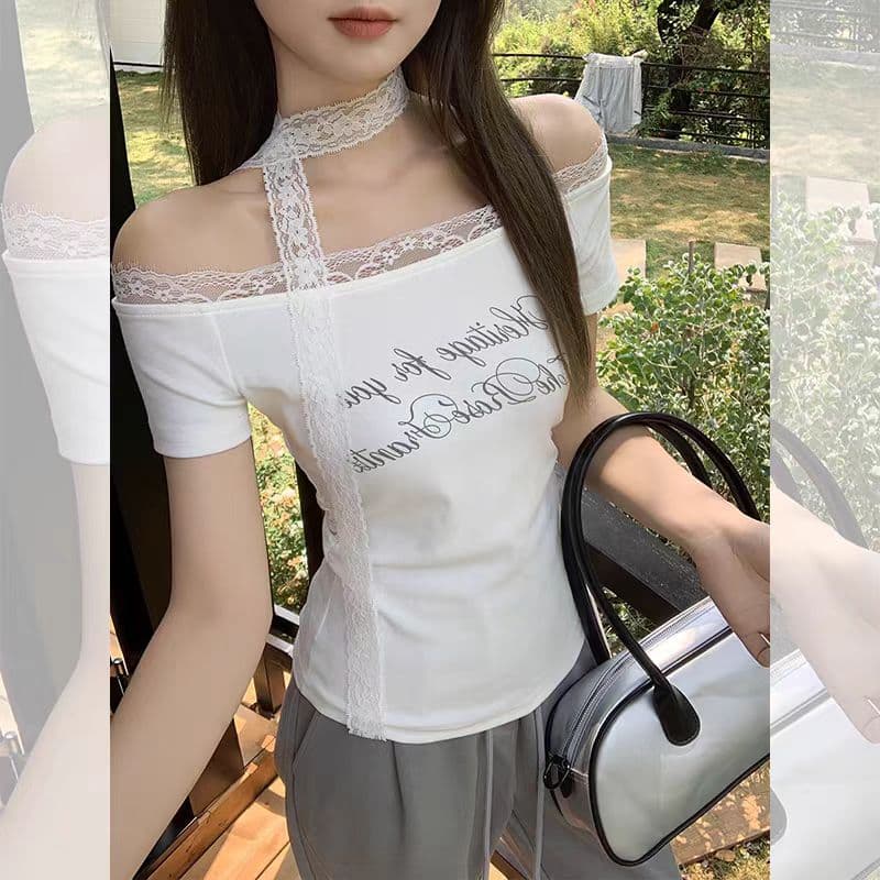 260 그램 사람들 면 달콤한 매운맛 바람 패치워크 레이스 측면 오프숄더 티셔츠 여성 여름 알파벳 프린트 반팔 다용도 맨위 상세 이미지 11