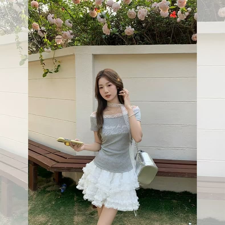 260 그램 사람들 면 달콤한 매운맛 바람 패치워크 레이스 측면 오프숄더 티셔츠 여성 여름 알파벳 프린트 반팔 다용도 맨위 상세 이미지 13